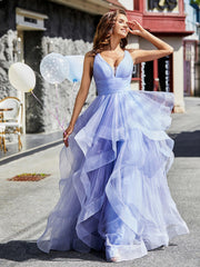 Robe de Soirée Princesse en Tulle à Col en V Longueur au Sol Lavande Grande Taille