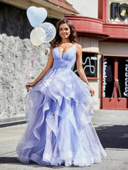 Robe de Soirée Princesse en Tulle à Col en V Longueur au Sol Lavande