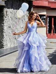 Robe de Soirée Princesse en Tulle à Col en V Longueur au Sol Lavande Grande Taille