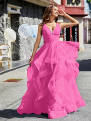 Robe de Soirée Princesse en Tulle à Col en V Longueur au Sol Azalée