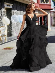 Robe de Soirée Princesse en Tulle à Col en V Longueur au Sol Noir Grande Taille