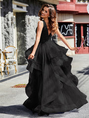 Robe de Soirée Princesse en Tulle à Col en V Longueur au Sol Noir Grande Taille