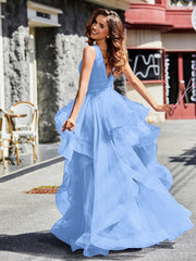 Robe de Soirée Princesse en Tulle à Col en V Longueur au Sol Bleu