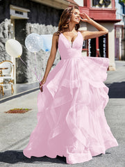 Robe de Soirée Princesse en Tulle à Col en V Longueur au Sol Rose Pâle Grande Taille