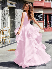 Robe de Soirée Princesse en Tulle à Col en V Longueur au Sol Rose Pâle