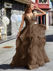 Robe de Soirée Princesse en Tulle à Col en V Longueur au Sol Brun