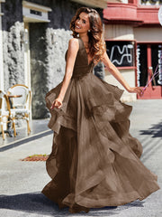 Robe de Soirée Princesse en Tulle à Col en V Longueur au Sol Brun