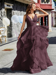 Robe de Soirée Princesse en Tulle à Col en V Longueur au Sol Cabernet