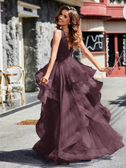 Robe de Soirée Princesse en Tulle à Col en V Longueur au Sol Cabernet Grande Taille