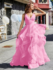 Robe de Soirée Princesse en Tulle à Col en V Longueur au Sol Rose Bonbon Grande Taille