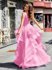 Robe de Soirée Princesse en Tulle à Col en V Longueur au Sol Rose Bonbon Grande Taille