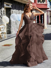 Robe de Soirée Princesse en Tulle à Col en V Longueur au Sol Chocolat