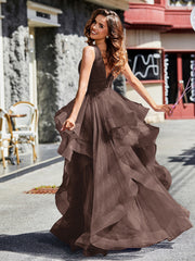 Robe de Soirée Princesse en Tulle à Col en V Longueur au Sol Chocolat