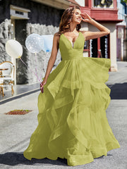 Robe de Soirée Princesse en Tulle à Col en V Longueur au Sol Trèfle