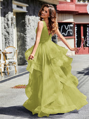Robe de Soirée Princesse en Tulle à Col en V Longueur au Sol Trèfle Grande Taille
