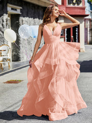 Robe de Soirée Princesse en Tulle à Col en V Longueur au Sol Corail Grande Taille
