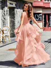 Robe de Soirée Princesse en Tulle à Col en V Longueur au Sol Corail