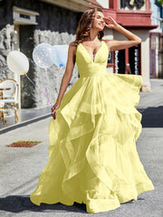 Robe de Soirée Princesse en Tulle à Col en V Longueur au Sol Jonquille Grande Taille