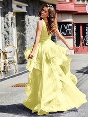 Robe de Soirée Princesse en Tulle à Col en V Longueur au Sol Jonquille Grande Taille