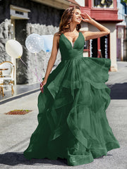 Robe de Soirée Princesse en Tulle à Col en V Longueur au Sol Vert Foncé Grande Taille