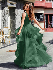 Robe de Soirée Princesse en Tulle à Col en V Longueur au Sol Vert Foncé Grande Taille