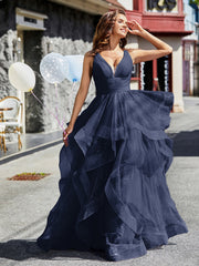 Robe de Soirée Princesse en Tulle à Col en V Longueur au Sol Bleu Marine Grande Taille