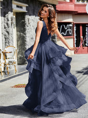 Robe de Soirée Princesse en Tulle à Col en V Longueur au Sol Bleu Marine Grande Taille