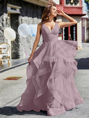 Robe de Soirée Princesse en Tulle à Col en V Longueur au Sol Crépuscule