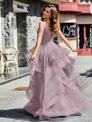 Robe de Soirée Princesse en Tulle à Col en V Longueur au Sol Crépuscule Grande Taille