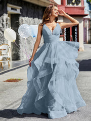 Robe de Soirée Princesse en Tulle à Col en V Longueur au Sol Bleu Poudré Grande Taille