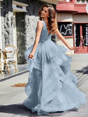 Robe de Soirée Princesse en Tulle à Col en V Longueur au Sol Bleu Poudré Grande Taille