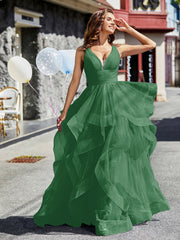 Robe de Soirée Princesse en Tulle à Col en V Longueur au Sol Emeraude