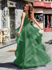 Robe de Soirée Princesse en Tulle à Col en V Longueur au Sol Emeraude