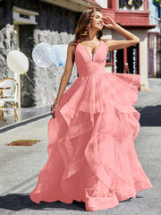 Robe de Soirée Princesse en Tulle à Col en V Longueur au Sol Flamant