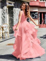 Robe de Soirée Princesse en Tulle à Col en V Longueur au Sol Flamant