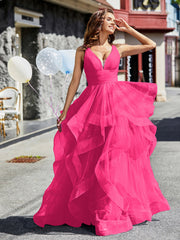 Robe de Soirée Princesse en Tulle à Col en V Longueur au Sol Fuchsia Grande Taille