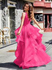 Robe de Soirée Princesse en Tulle à Col en V Longueur au Sol Fuchsia