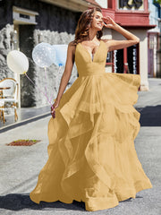 Robe de Soirée Princesse en Tulle à Col en V Longueur au Sol Or Grande Taille