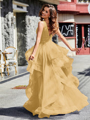 Robe de Soirée Princesse en Tulle à Col en V Longueur au Sol Or Grande Taille