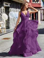 Robe de Soirée Princesse en Tulle à Col en V Longueur au Sol Raisin Grande Taille