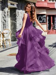 Robe de Soirée Princesse en Tulle à Col en V Longueur au Sol Raisin Grande Taille