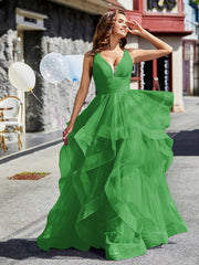 Robe de Soirée Princesse en Tulle à Col en V Longueur au Sol Vert