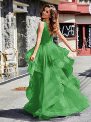 Robe de Soirée Princesse en Tulle à Col en V Longueur au Sol Vert