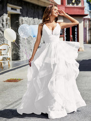 Robe de Soirée Princesse en Tulle à Col en V Longueur au Sol Ivoire Grande Taille
