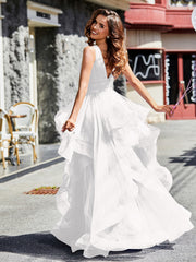 Robe de Soirée Princesse en Tulle à Col en V Longueur au Sol Ivoire Grande Taille