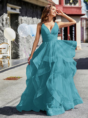 Robe de Soirée Princesse en Tulle à Col en V Longueur au Sol Jade