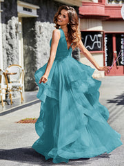 Robe de Soirée Princesse en Tulle à Col en V Longueur au Sol Jade