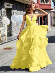 Robe de Soirée Princesse en Tulle à Col en V Longueur au Sol Vert Citron