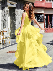 Robe de Soirée Princesse en Tulle à Col en V Longueur au Sol Citron Grande Taille
