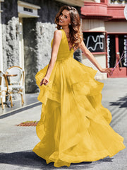 Robe de Soirée Princesse en Tulle à Col en V Longueur au Sol Souci Grande Taille